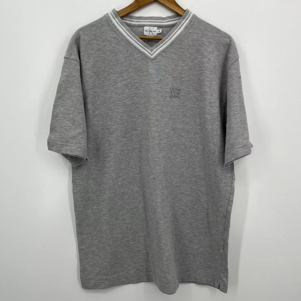 Calvin Klein T-Shirt Men's XL Gray Knit Cotton Embroidered Logo V-Neck Solid Vtg